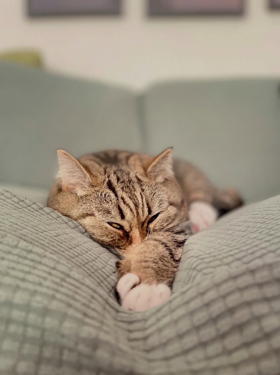 A cat relaxing on the sofa at home while its owners are away