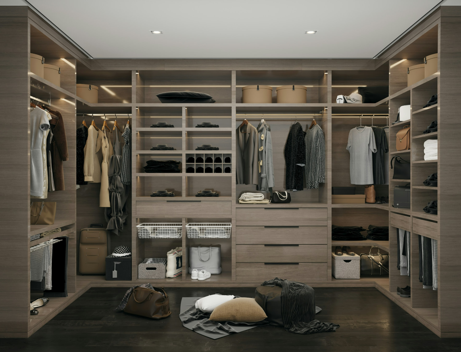 An organised walk-in wardrobe with clothes on wooden hangers and neat storage boxes in a London home
