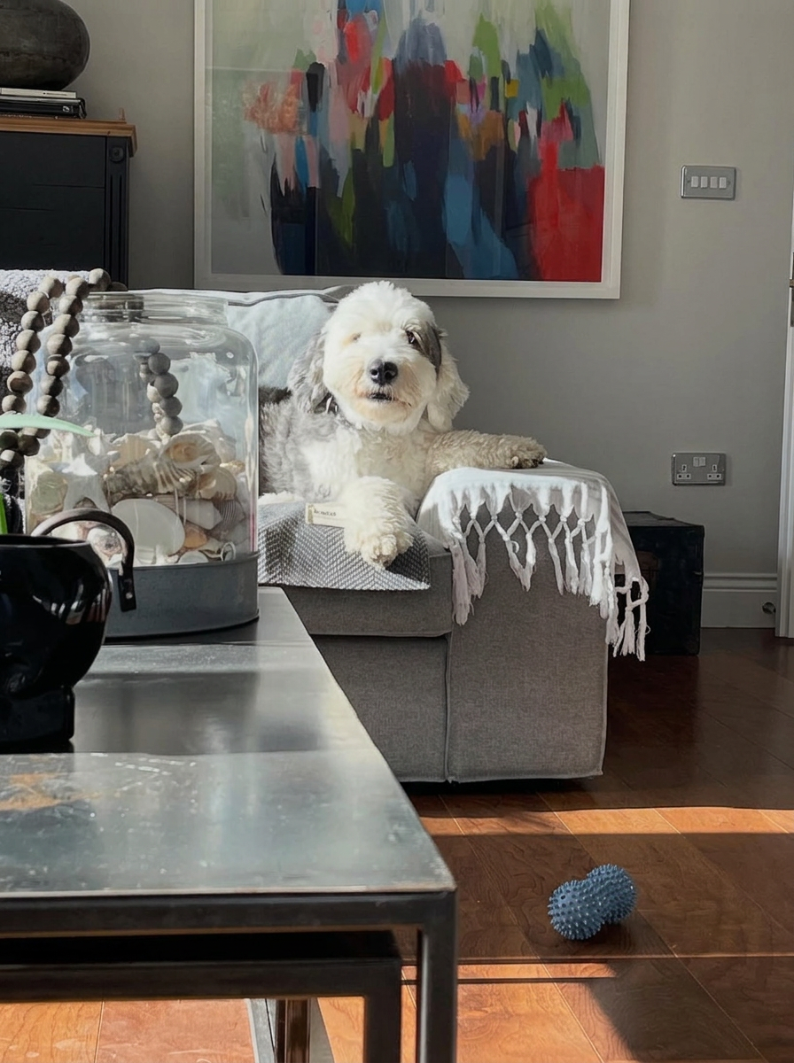 A sheepdog settled in the living room of its own home