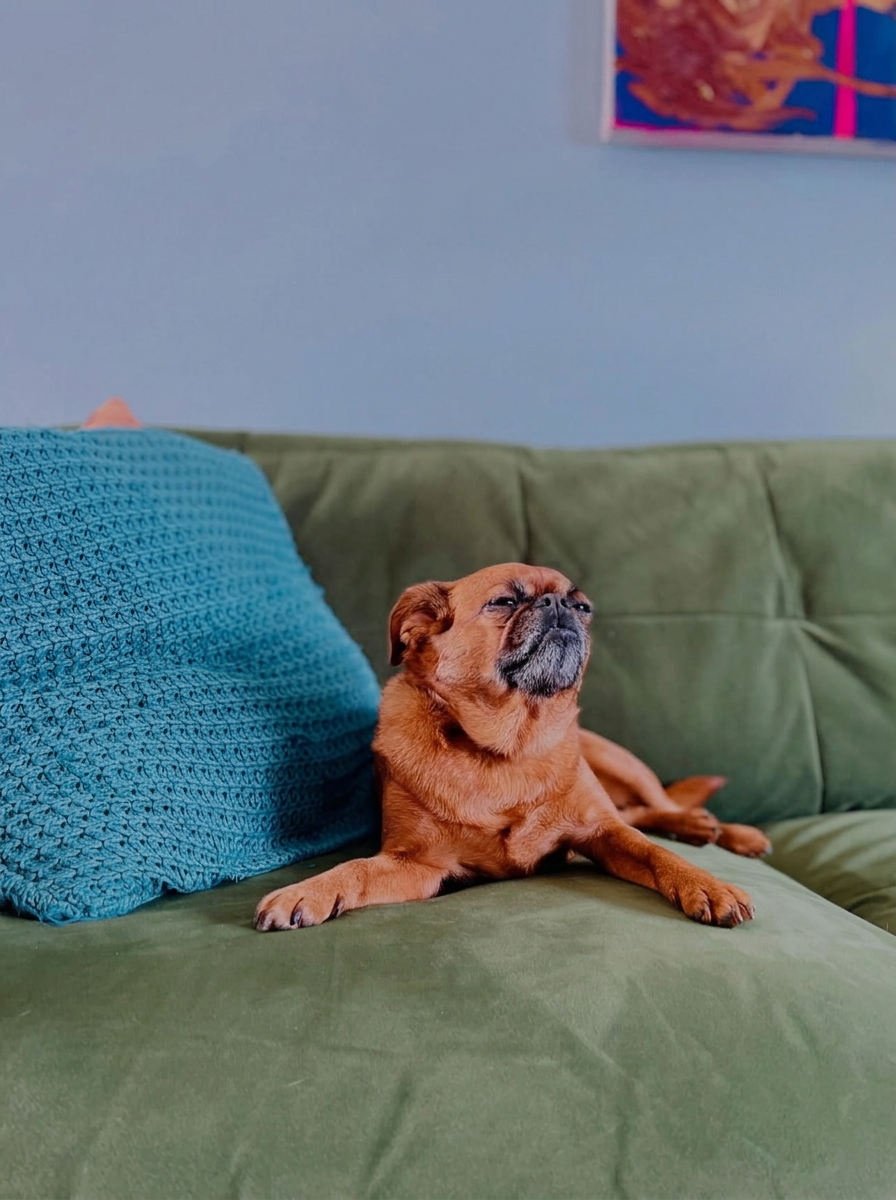 Nina the dog sitting proudly on a green sofa at home