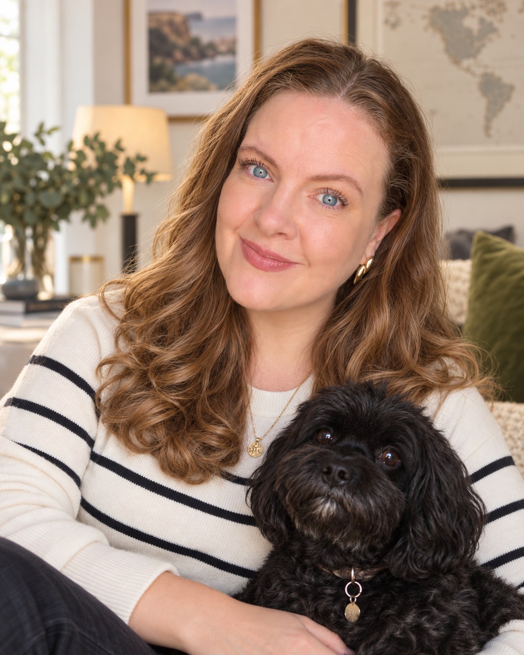 Lorna Mullins, founder of Fetch Travels, with a small black dog in a light-filled living room