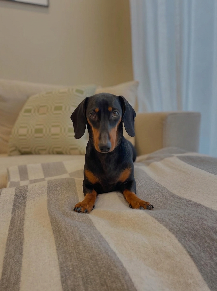 A dachshund settled on a bed at home during a Fetch Travels sit