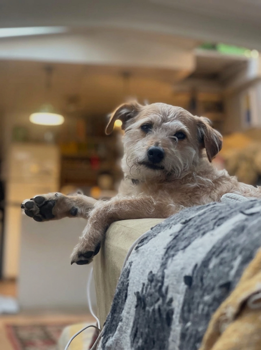 A terrier making itself comfortable on the sofa during a sit