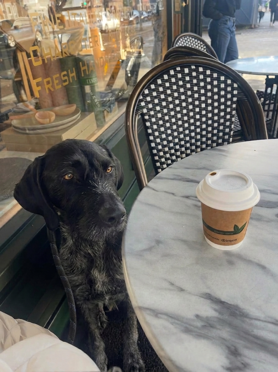 A black dog sitting at a café table with a coffee during a Fetch Travels morning walk
