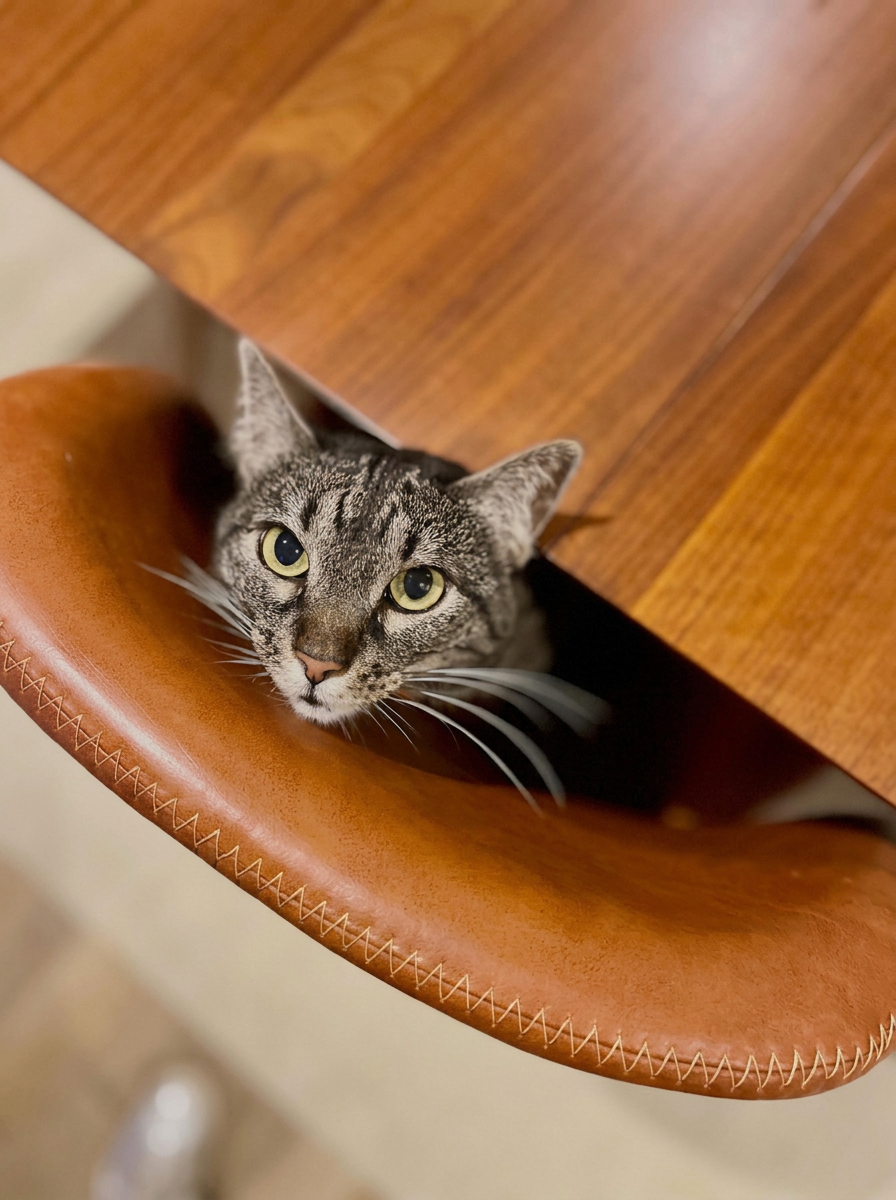 A cat tucked under a table at home, cared for by Fetch Travels