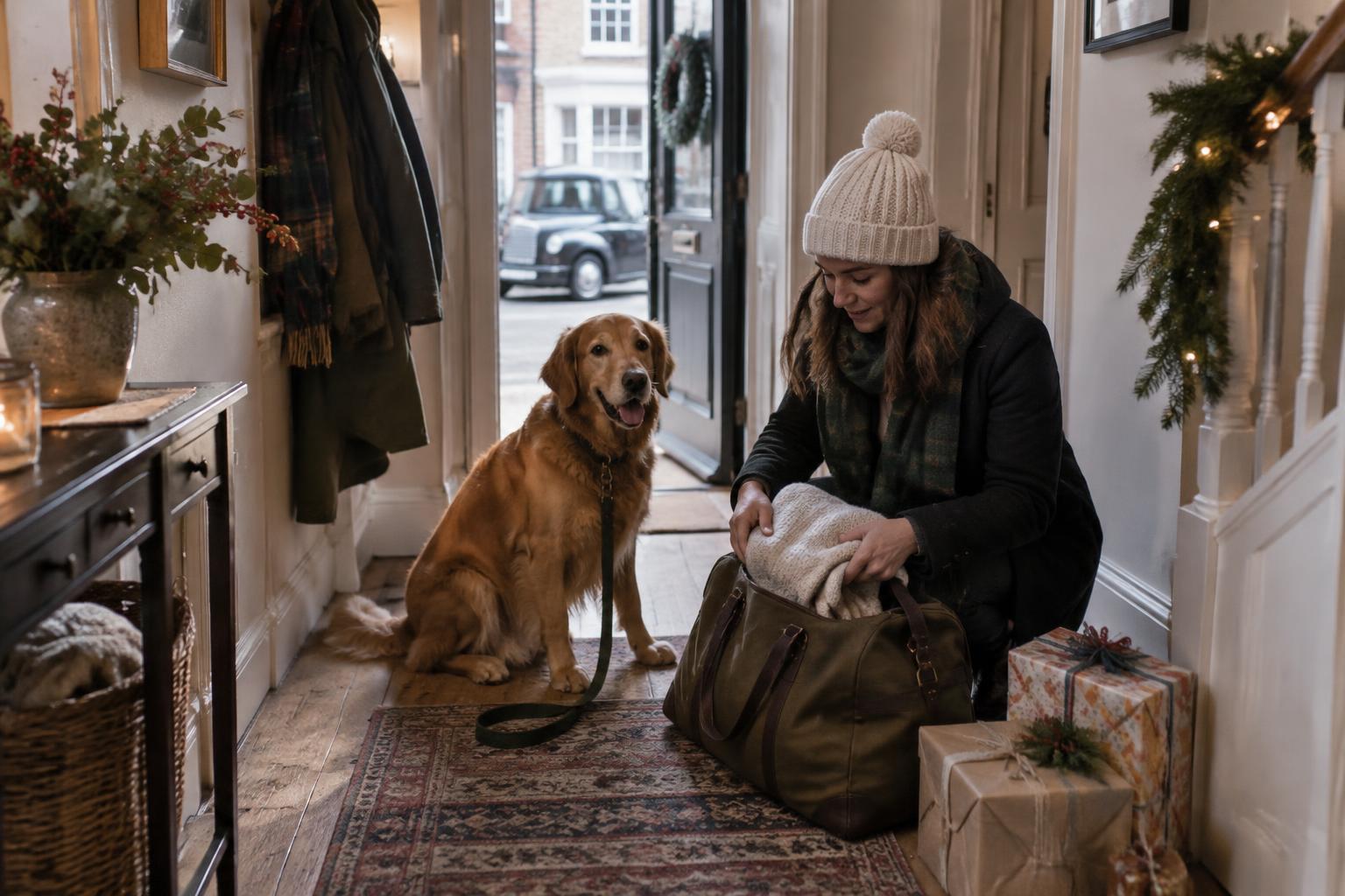 Dog waiting beside a packed travel bag in a London home at Christmas.