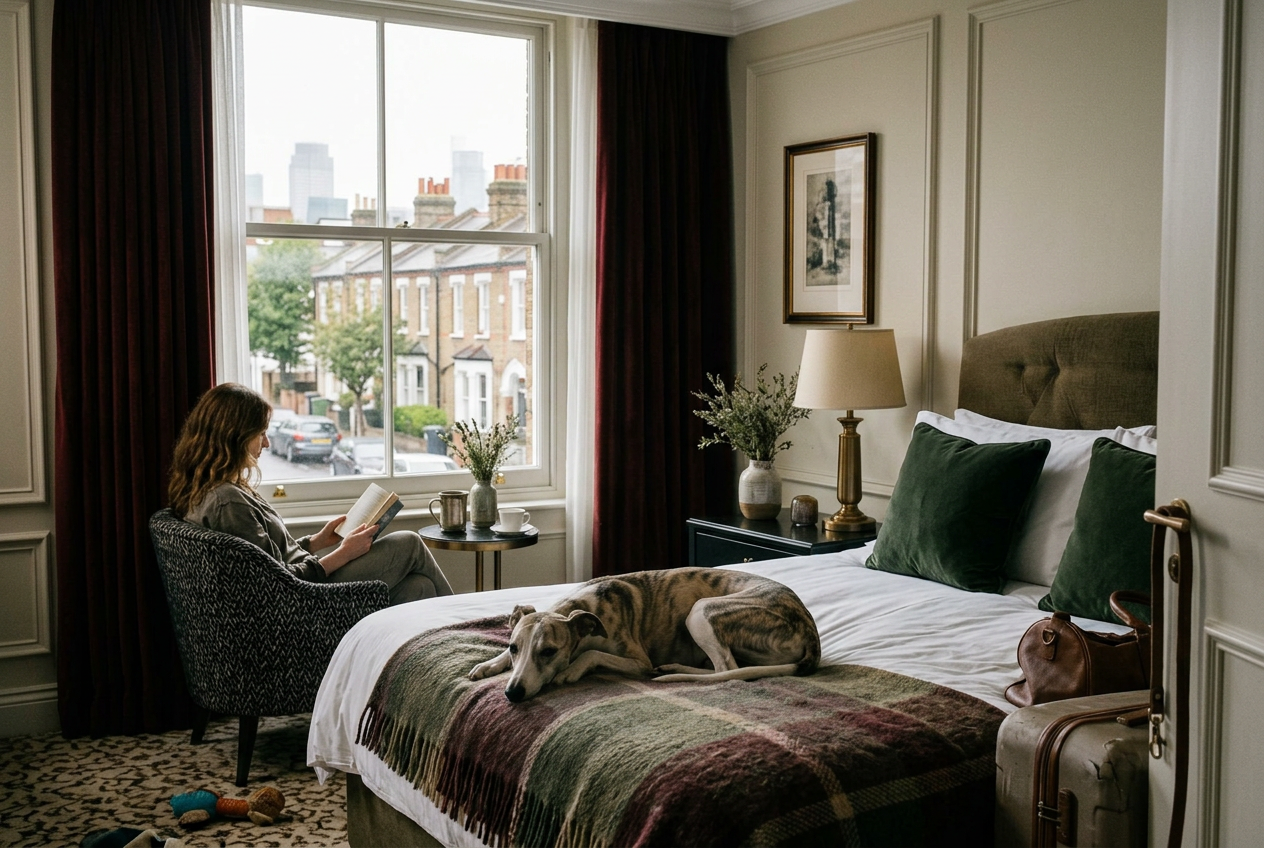 Whippet receiving calm in-room hotel care with Fetch Travels in central London.