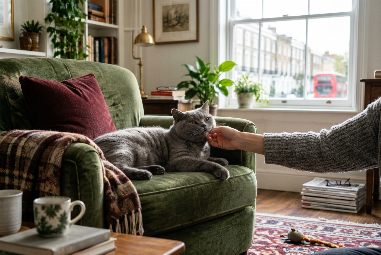 British shorthair cat relaxing in its own home with Fetch Travels, London.