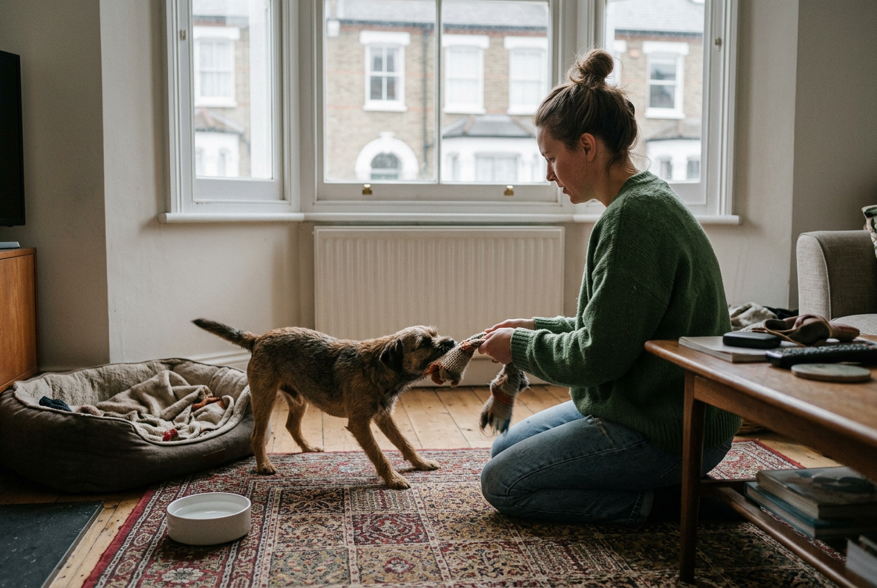 Border terrier enjoying one-to-one daytime care at home with Fetch Travels, London.