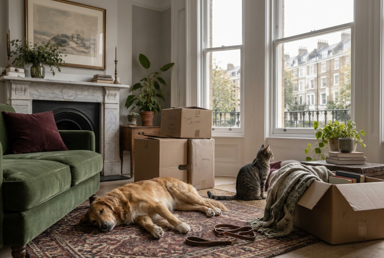 Dog and cat settling into a new London home with Fetch Travels.