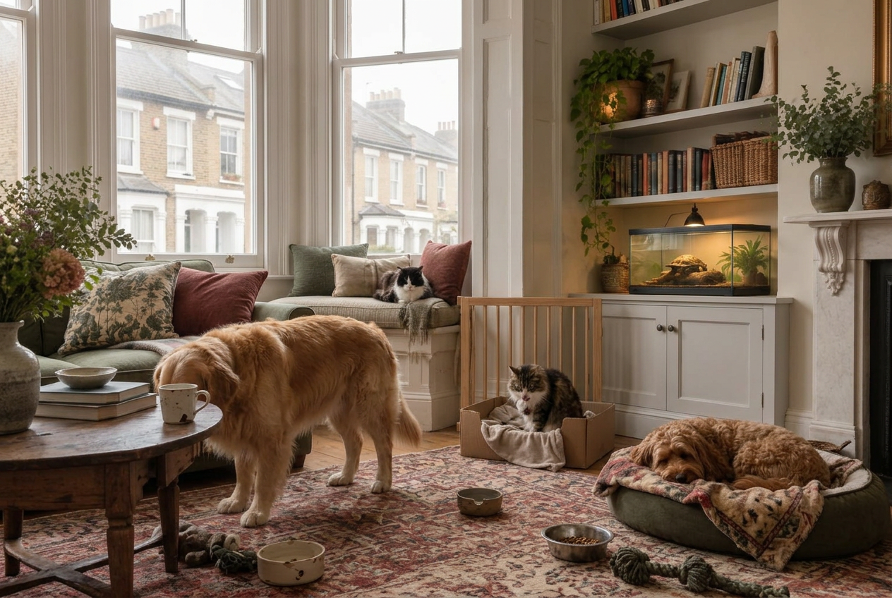 Dogs, cats and a tortoise cared for together at home with Fetch Travels, London.