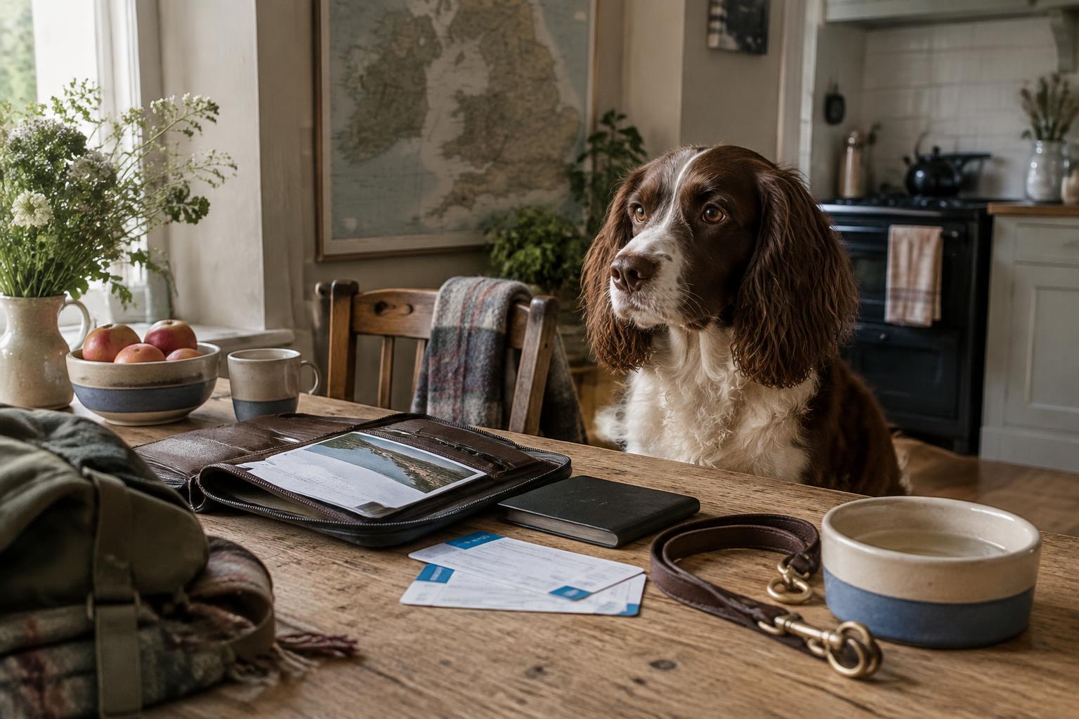Spaniel beside pet travel documents and a lead in a London home.