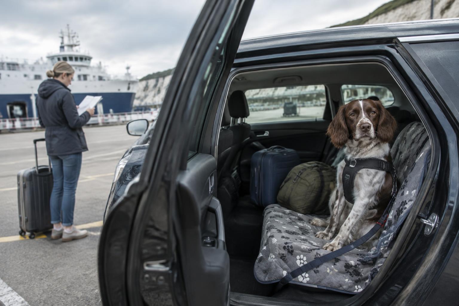Dog secured by a travel harness in a hire car at a ferry port.