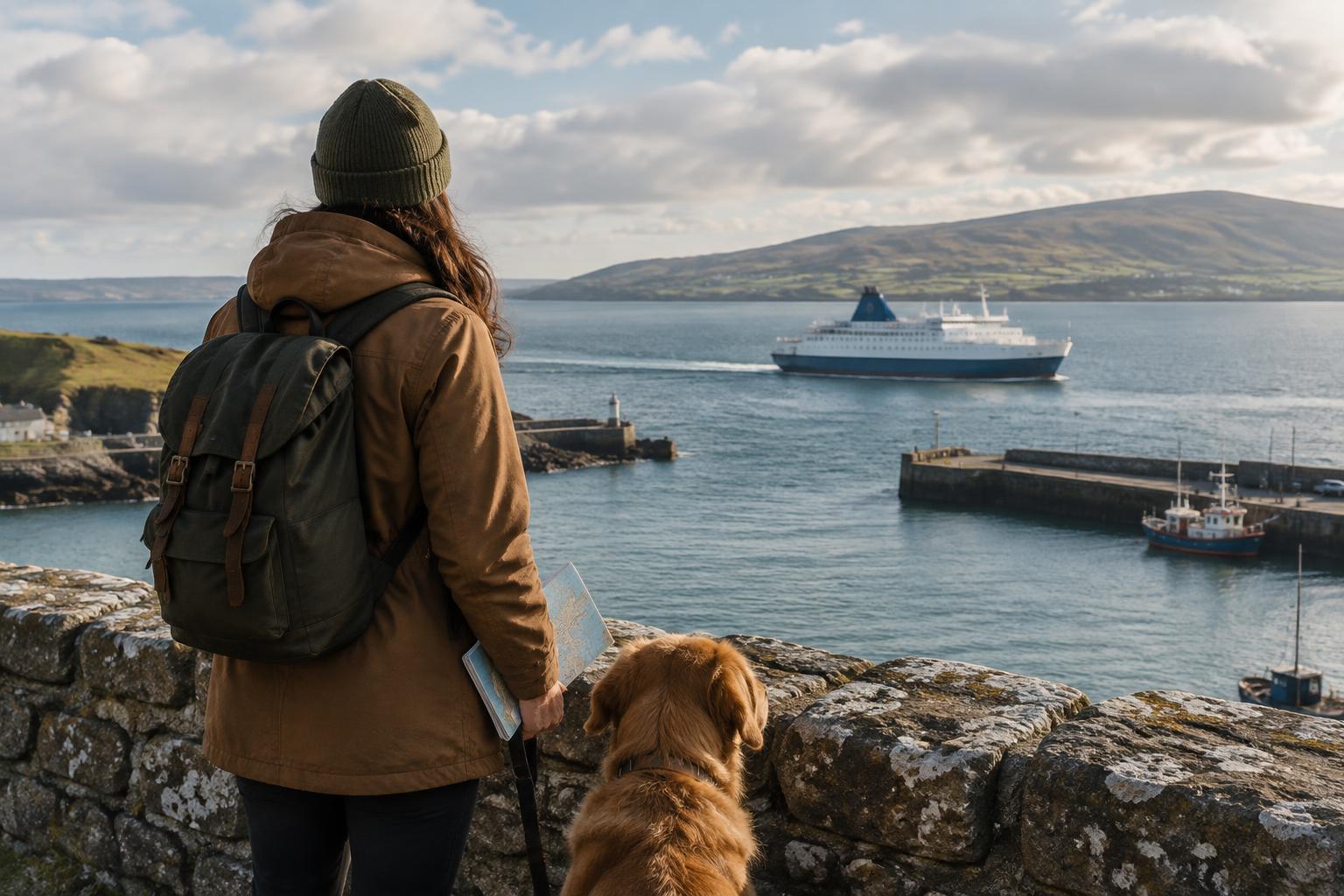 Traveller and dog watching an Irish Sea ferry from a harbour viewpoint.
