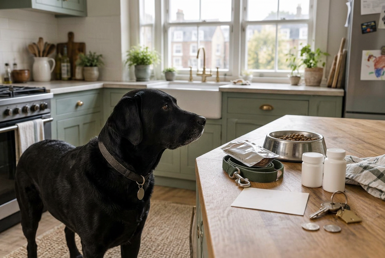 Labrador beside prepared pet-care essentials at home with Fetch Travels, London.