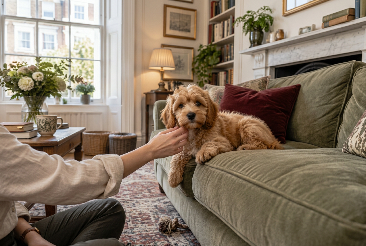 Young cockapoo puppy relaxing at home with Fetch Travels in London.