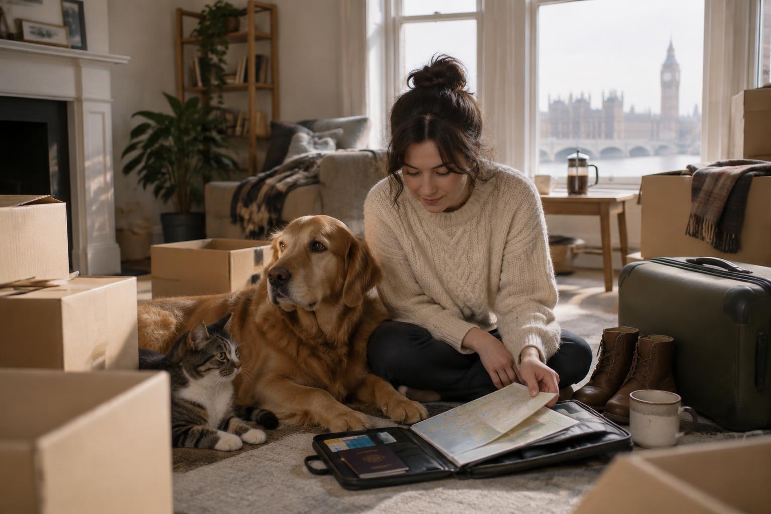 Dog and cat with their owner among moving boxes and travel documents in London.