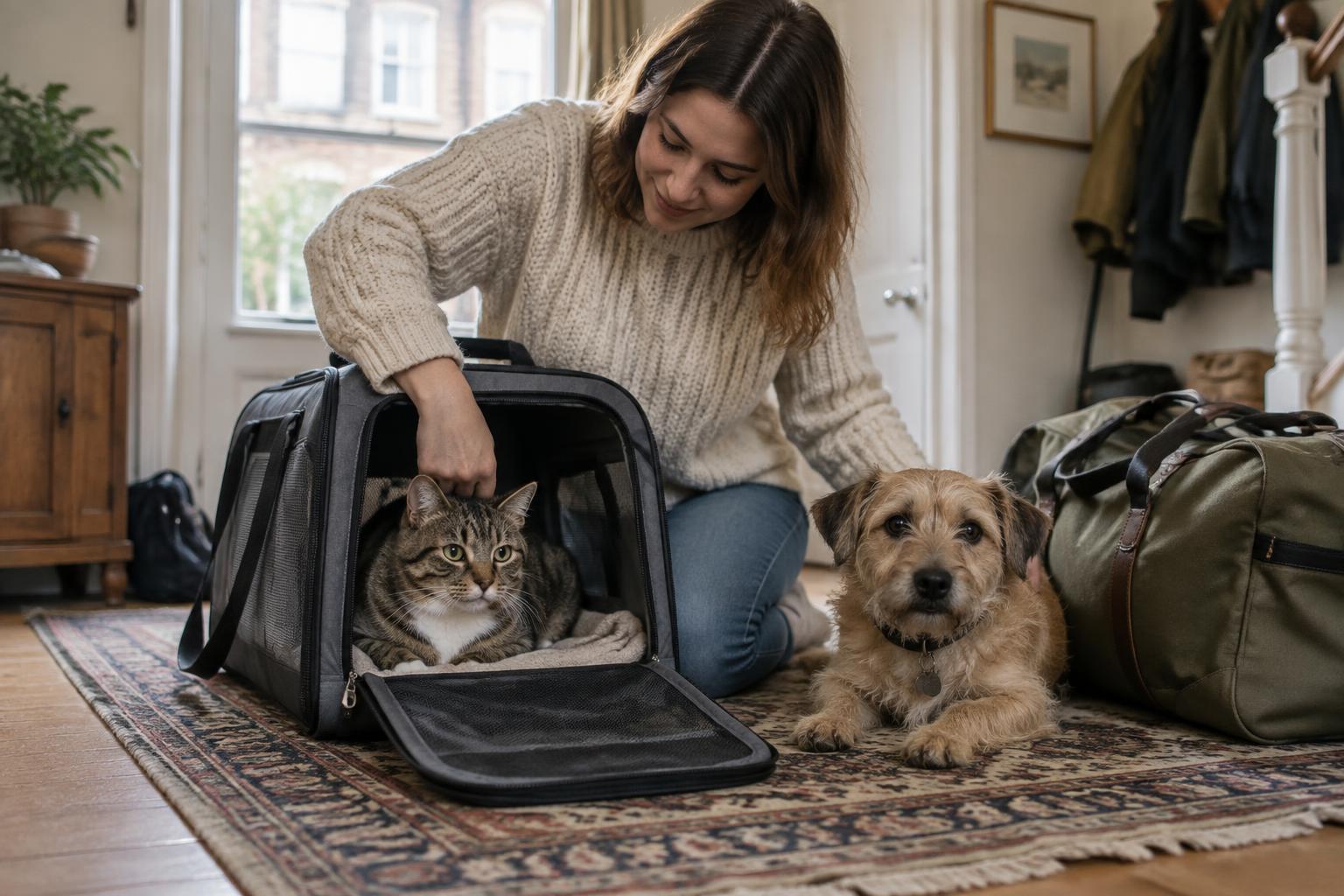 Cat in a secure carrier beside a dog being prepared for travel.