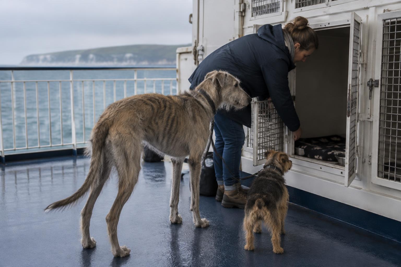 Large and small dogs inspecting ferry kennel facilities before a crossing.