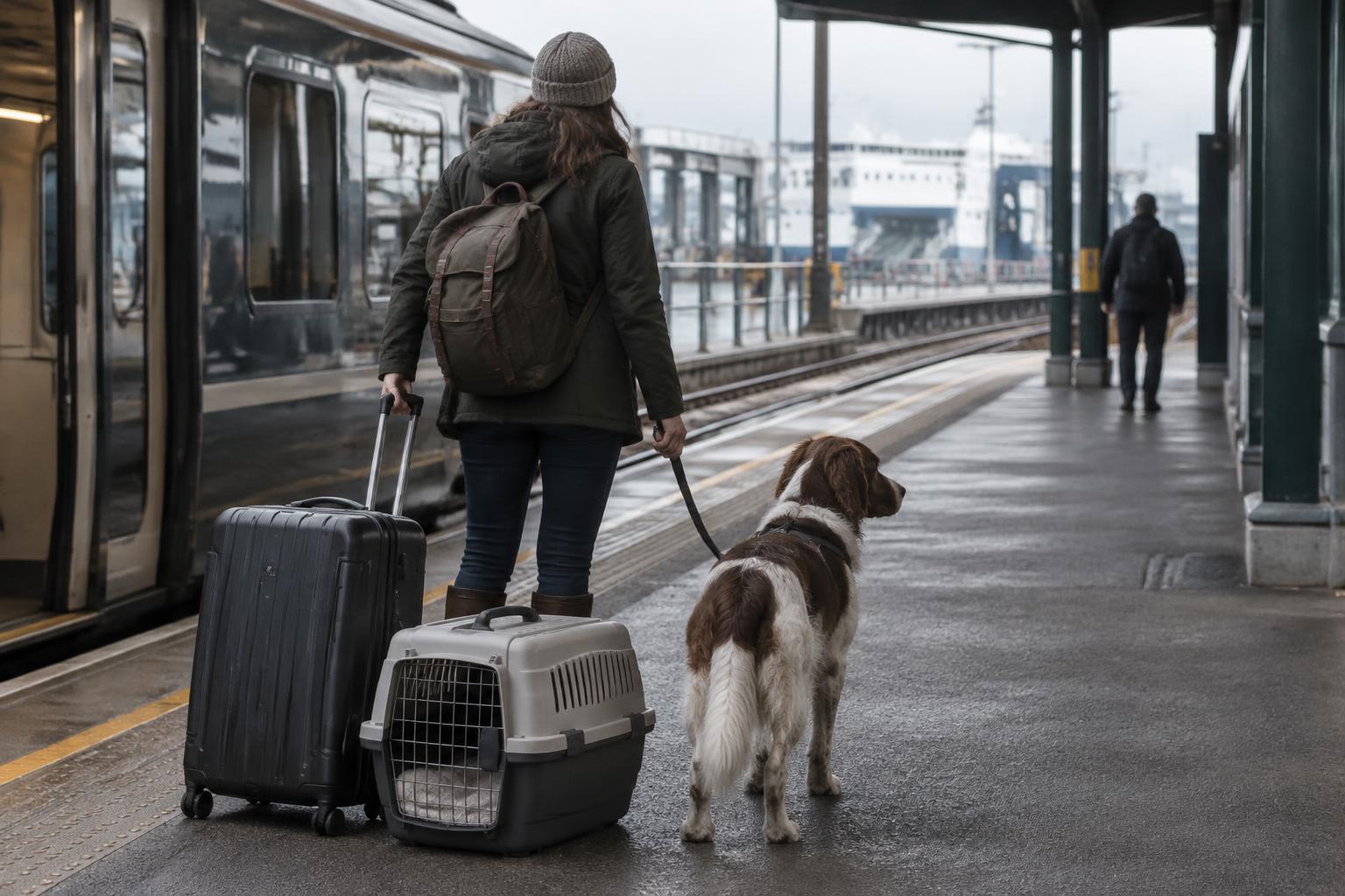 Traveller with a dog, carrier and suitcase beginning a rail-and-ferry journey.