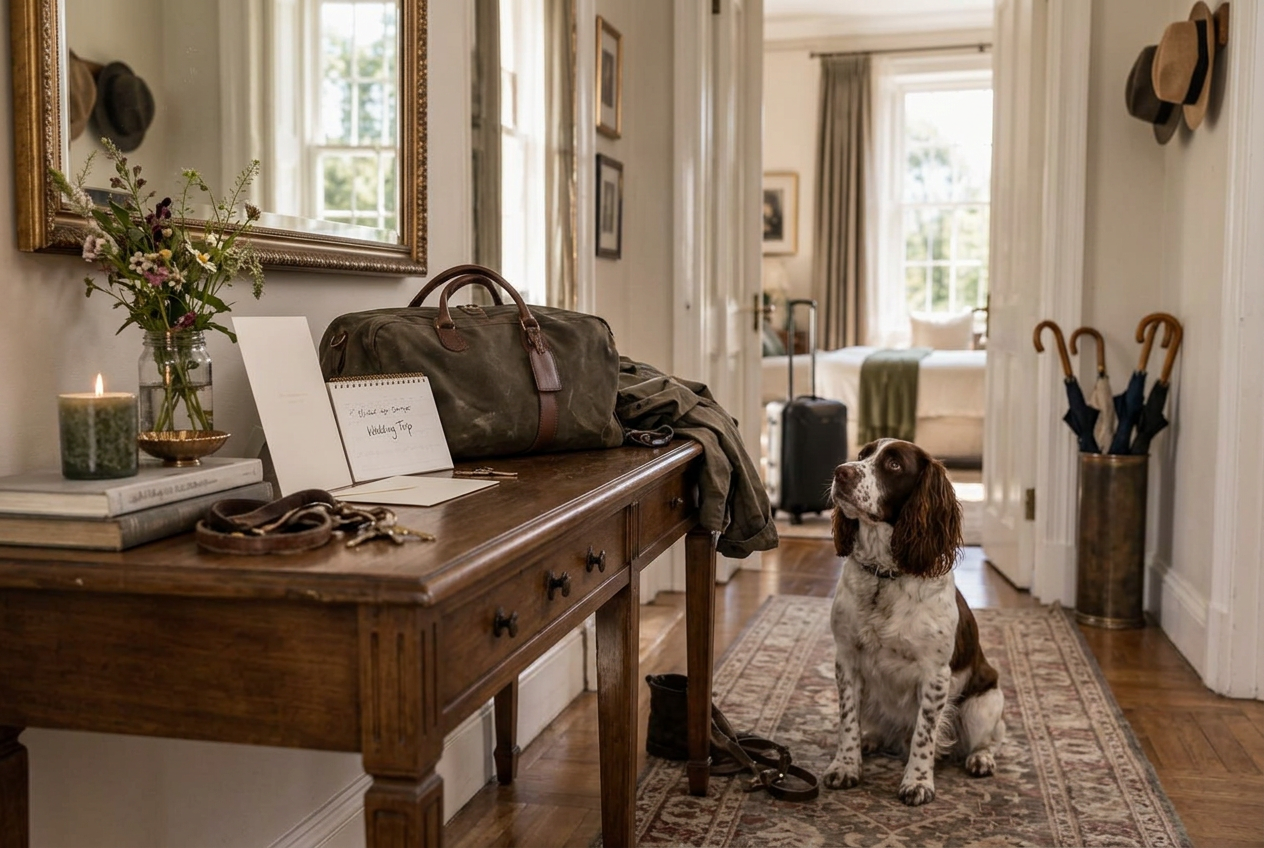 Spaniel at home beside wedding plans and a travel bag with Fetch Travels, London.